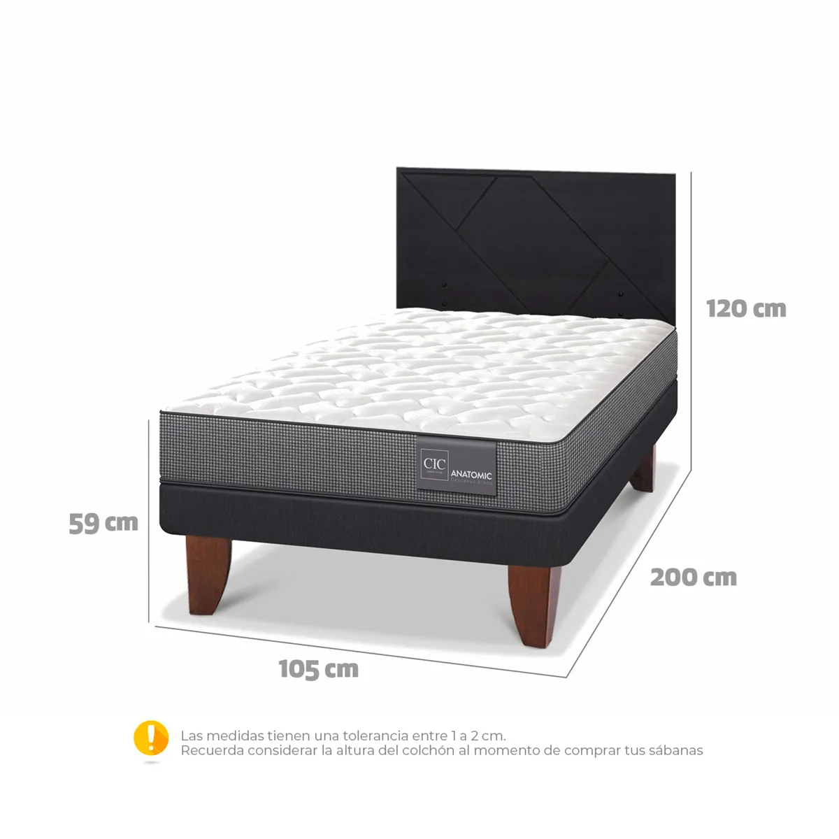 JUEGO DE DORMITORIO CIC CAMA EUROPEA ANATOMIC 1.5 PLAZAS + RESPALDO VILLARRICA NEGRO - 3