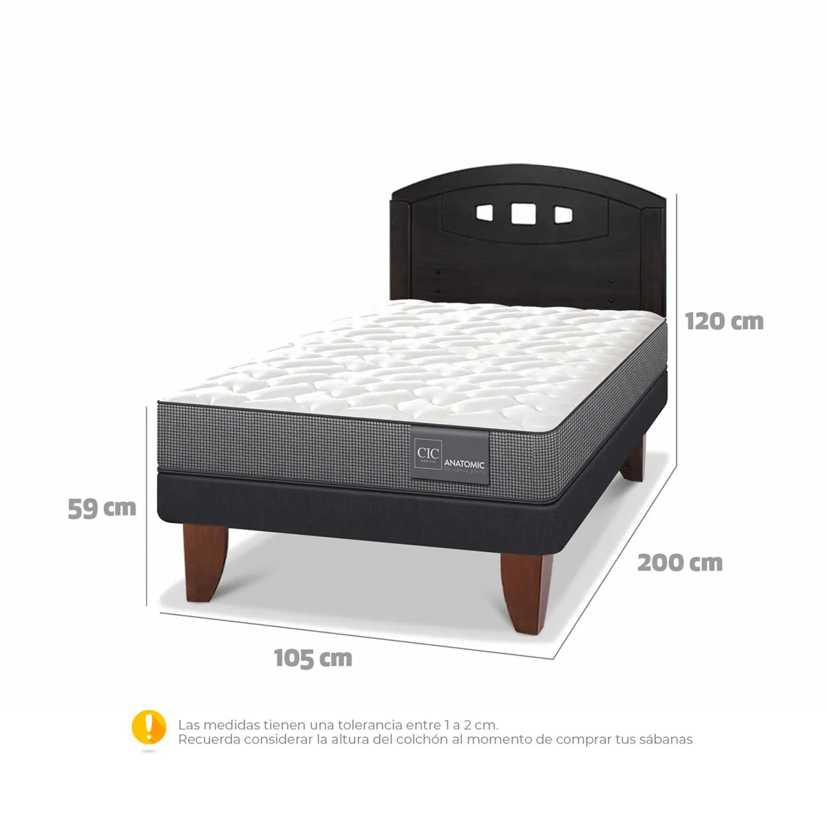 JUEGO DE DORMITORIO CIC CAMA EUROPEA ANATOMIC 1.5 PLAZAS + RESPALDO GALES NEGRO - 3