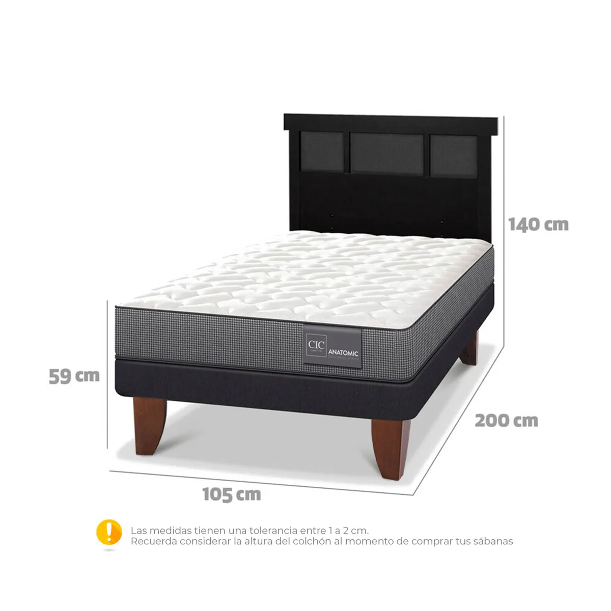 JUEGO DE DORMITORIO CIC CAMA EUROPEA ANATOMIC 1.5 PLAZAS + RESPALDO DUBLIN NEGRO - 3