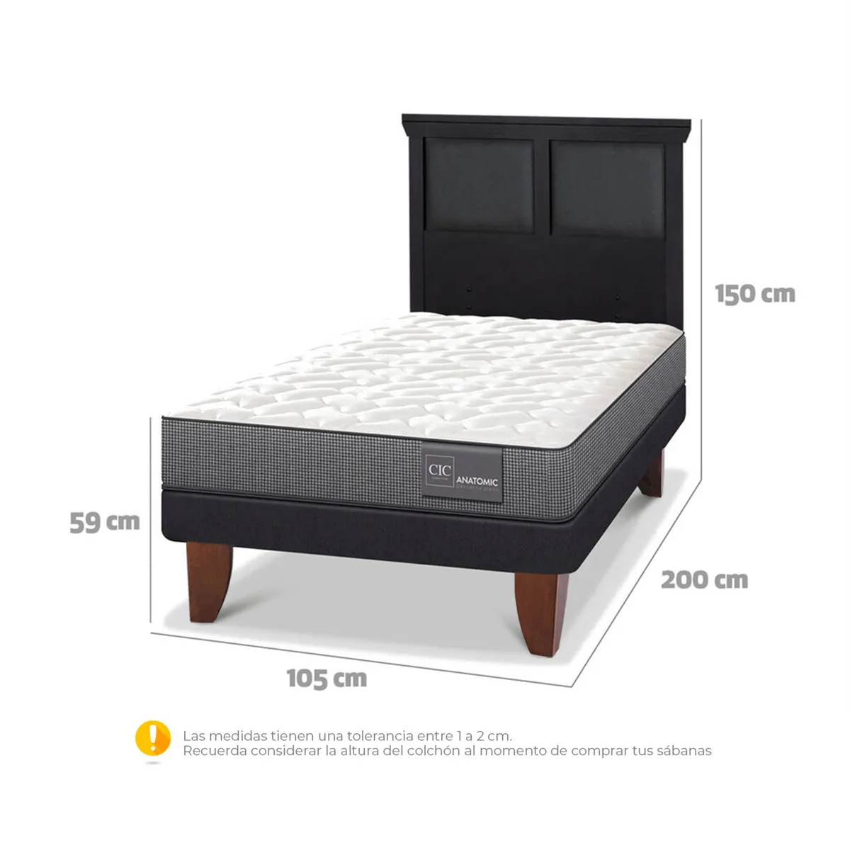 JUEGO DE DORMITORIO CIC CAMA EUROPEA ANATOMIC 1.5 PLAZAS + RESPALDO TORINO NEGRO - 3