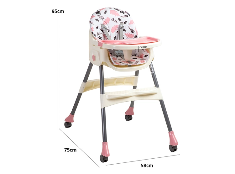 SILLA DE COMER BEBE STEPS PLEGABLE CON RUEDAS ROSADA - 5
