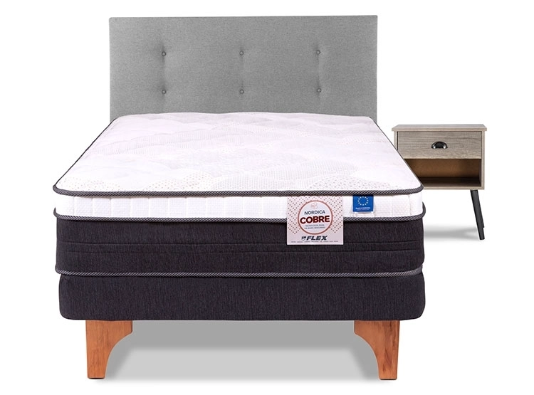 JUEGO DE DORMITORIO FLEX CAMA EUROPEA NÓRDICA COBRE 1.5 PLAZAS GRIS + RESPALDO ROYAL + VELADOR ROCK - 1