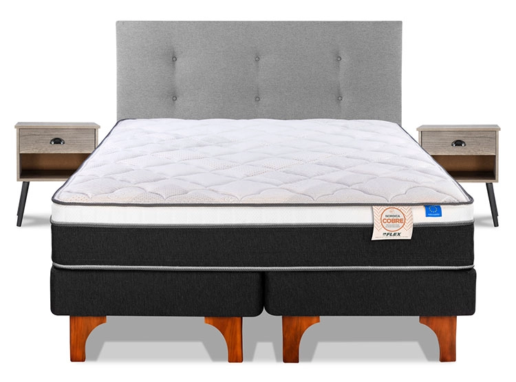JUEGO DE DORMITORIO FLEX CAMA EUROPEA NÓRDICA COBRE 2 PLAZAS GRIS + RESPALDO ROYAL + VELADORES ROCK - 1