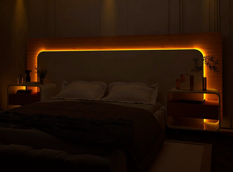 SET DE MUEBLES DECOCASA RESPALDO INNOVA LED NATURAL OFF WHITE 2 PLAZAS CAFÉ CLARO + VELADORES - 11