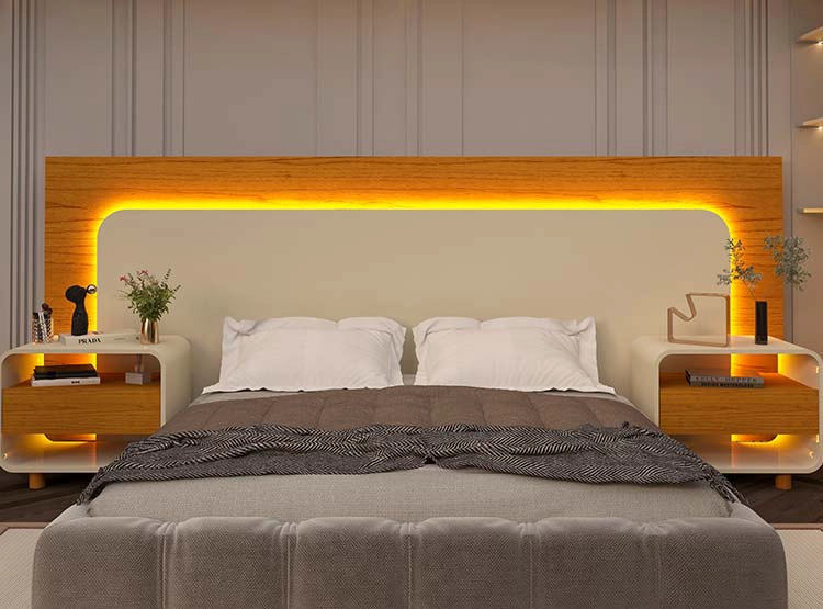 SET DE MUEBLES DECOCASA RESPALDO INNOVA LED NATURAL OFF WHITE 2 PLAZAS CAFÉ CLARO + VELADORES - 9