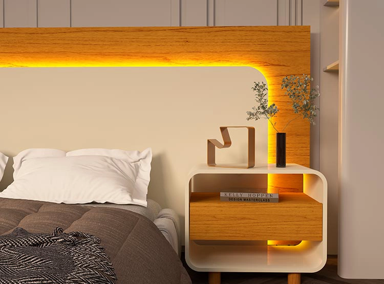 SET DE MUEBLES DECOCASA RESPALDO INNOVA LED NATURAL OFF WHITE 2 PLAZAS CAFÉ CLARO + VELADORES - 10