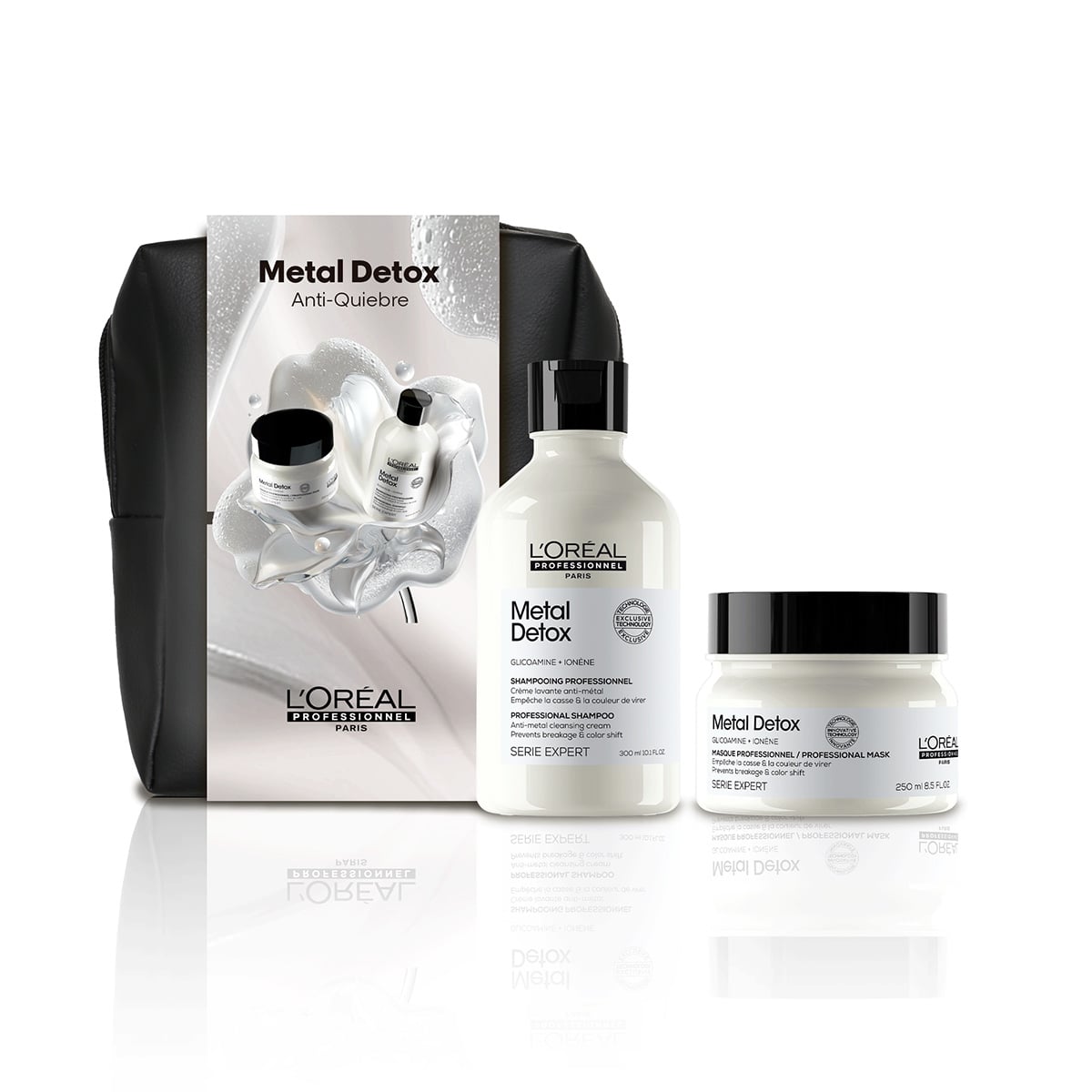 SET L'ORÉAL PROFESSIONNEL METAL DETOX ANTIQUIEBRE PARA CABELLO DAÑADO Y CON COLOR SHAMPOO 300 ML + MÁSCARA 250 ML + COSMETIQUERO - 1