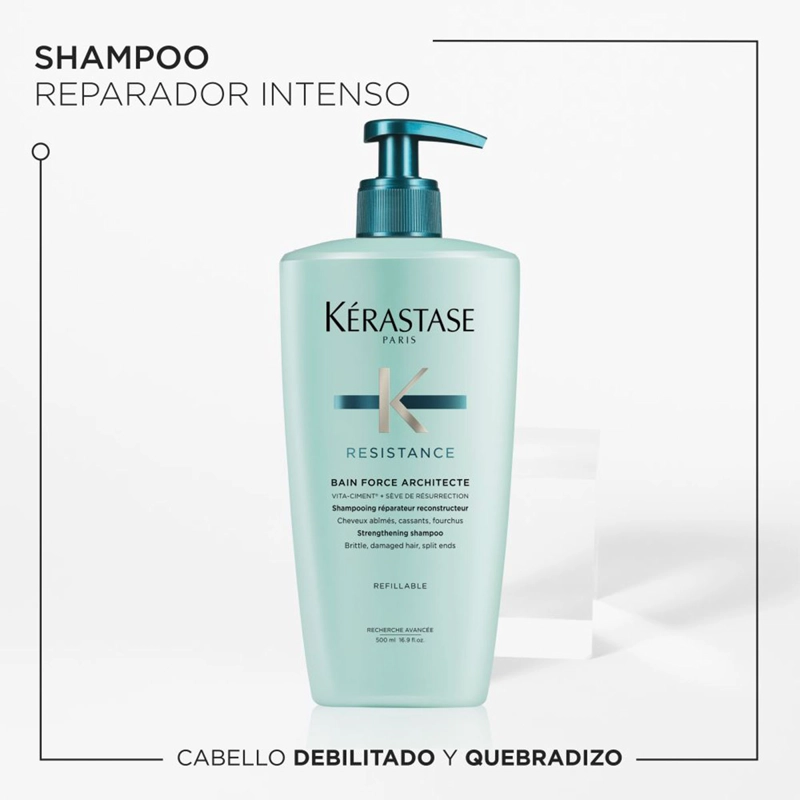 SHAMPOO FORTALECEDOR CABELLO FRÁGIL Y DEBILITADO KÉRASTASE BAIN FORCE ARCHITECTE RESISTANCE 500 ML - 2