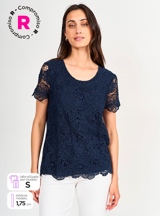 POLERA MANGA CORTA ALGODÓN MUJER CACHAREL CUELLO REDONDO MACRAMÉ