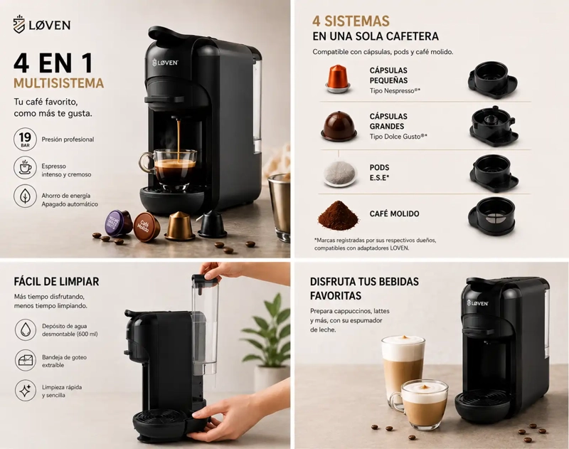 CAFETERA LOVEN CÁPSULA EXPRESSO DROM 4 EN 1