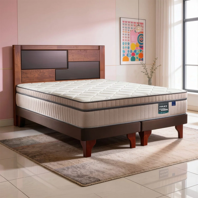 JUEGO DE DORMITORIO FLEX CAMA EUROPEA MAX COBRE MAXIMO BD BOX 2 PLAZAS CHOCOLATE + RESPALDO COLONIA - 1
