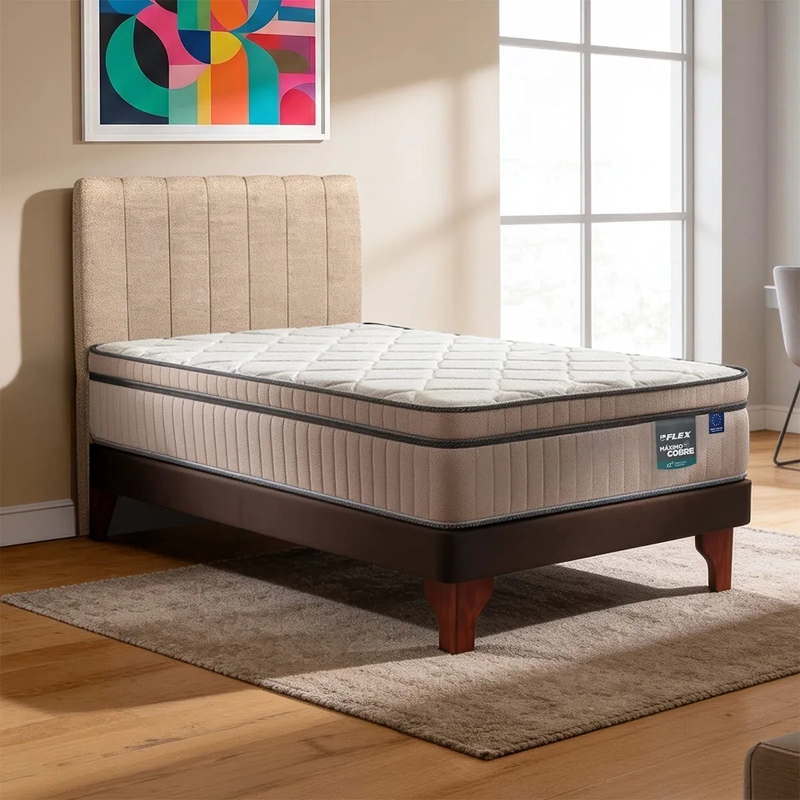 JUEGO DE DORMITORIO FLEX CAMA EUROPEA MAXIMO COBRE 1.5 PLAZAS + RESPALDO TUBULAR BEIGE - 1