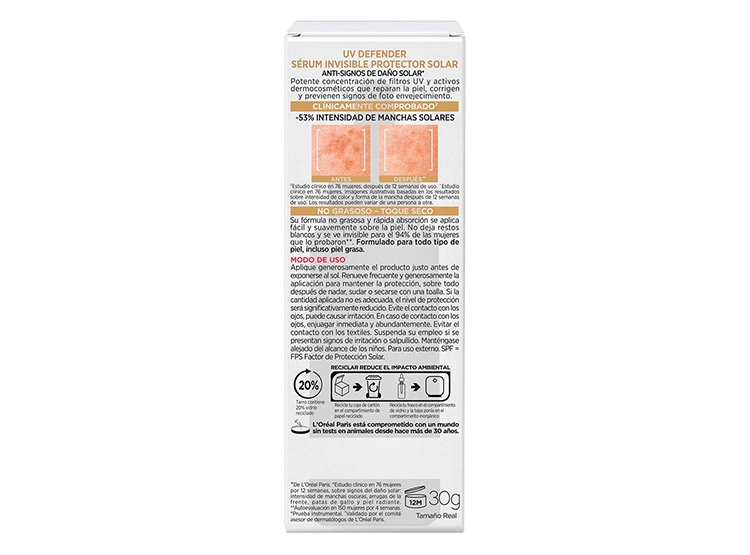 PROTECTOR SOLAR FACIAL LOREAL SERUM INVISIBLE UV DEFENDER SPF 50+ 30 ML - 4