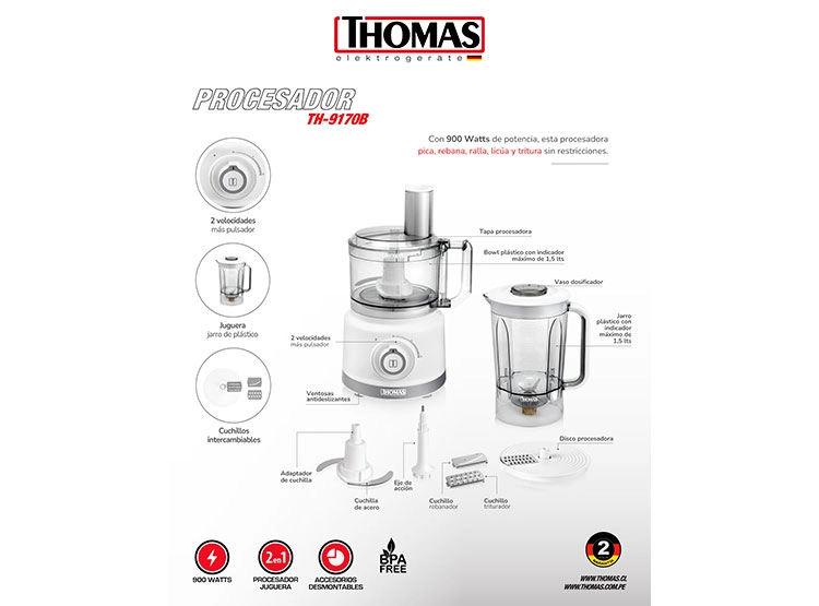 PROCESADORA ALIMENTOS THOMAS TH-9170B 900W 1.5 L  - 6