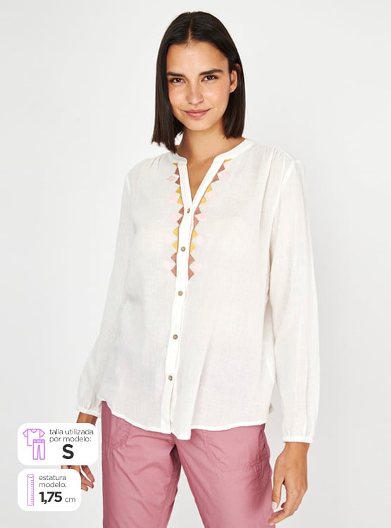 BLUSA MANGA LARGA ALGODÓN MUJER AZIZ CUELLO MAO BORDADA