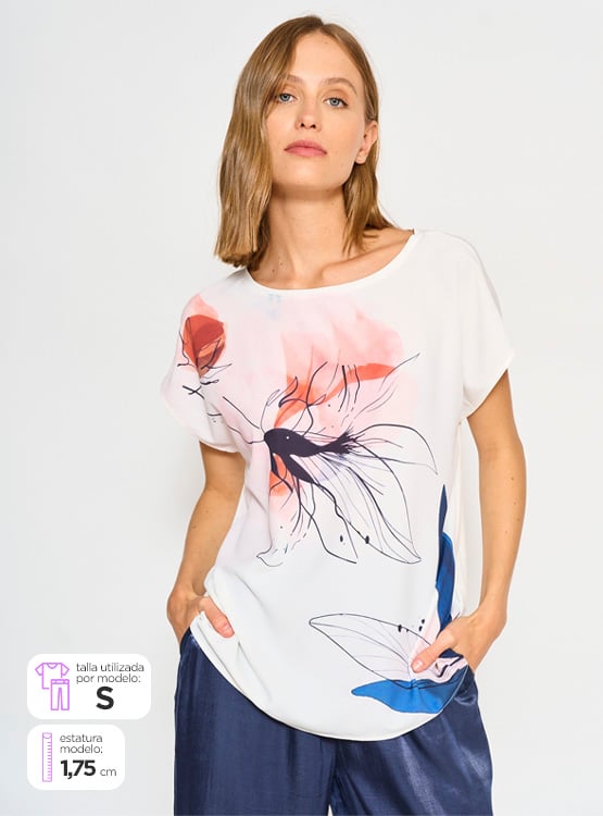 POLERA MANGA CORTA MUJER CACHAREL CUELLO REDONDO ESTAMPADA