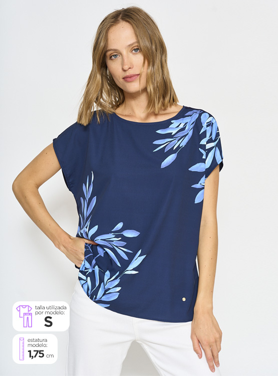 POLERA MANGA CORTA MUJER CACHAREL CUELLO REDONDO ESTAMPADA