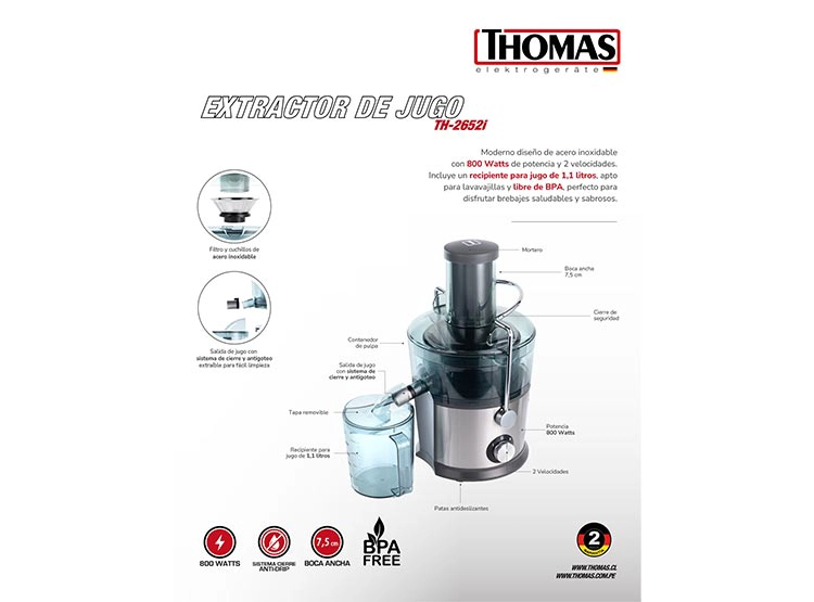 EXTRACTOR DE JUGO THOMAS TH-2652I 800 W - 6