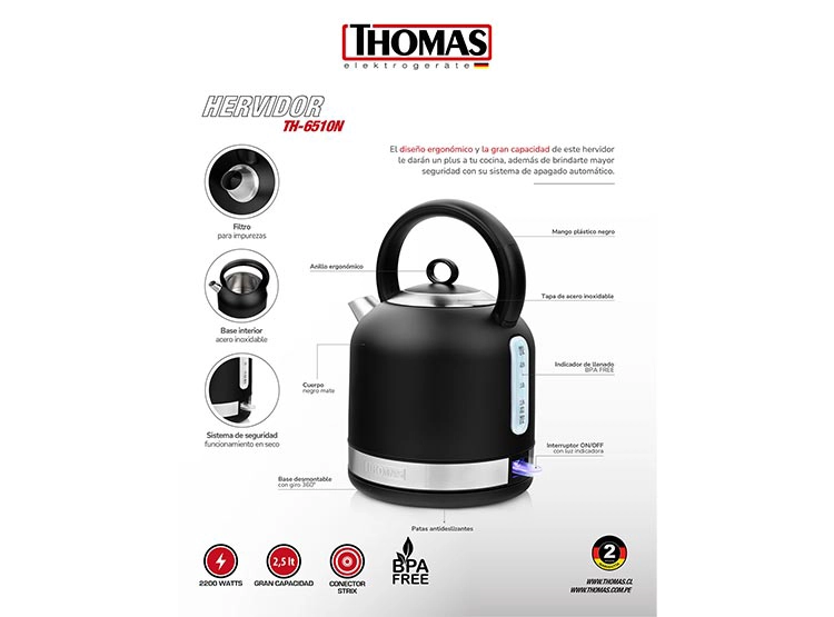 HERVIDOR THOMAS 2.5 L TH-6510N NEGRO MATE - 7