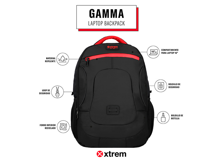 MOCHILA NOTEBOOK XTREM GAMMA 5XT NEGRO/ROJO 16" - 10