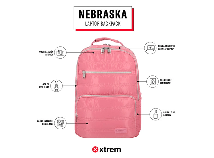 MOCHILA NOTEBOOK XTREM NEBRASKA 5XT ROSADO/PLATEADO 16" - 9