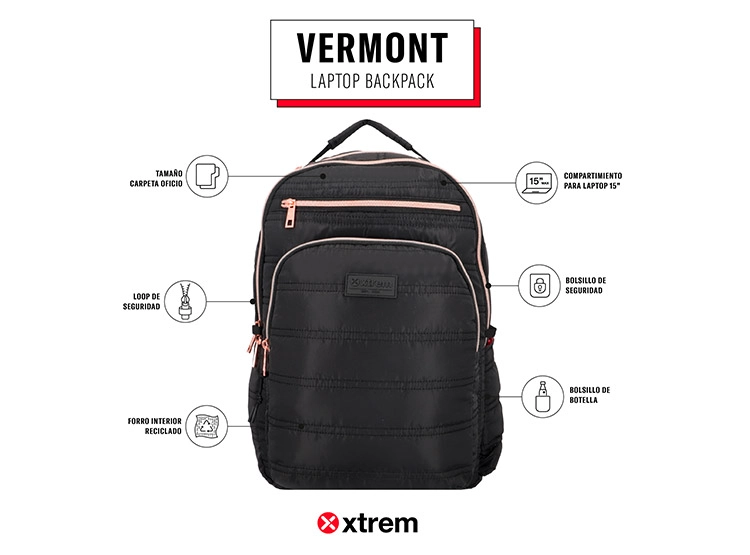 MOCHILA NOTEBOOK XTREM VERMONT 5XT NEGRO/ROSE GOLD 15" - 9