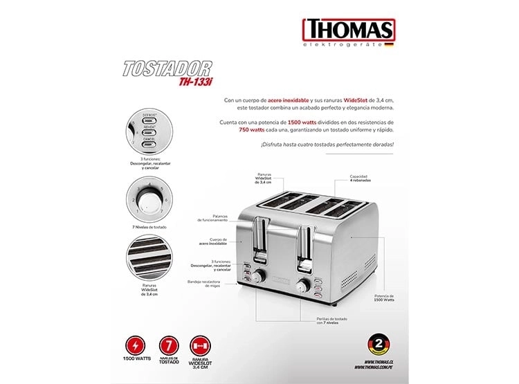 TOSTADORA THOMAS 4 REBANADAS TH-133I ACERO INOXIDABLE - 2