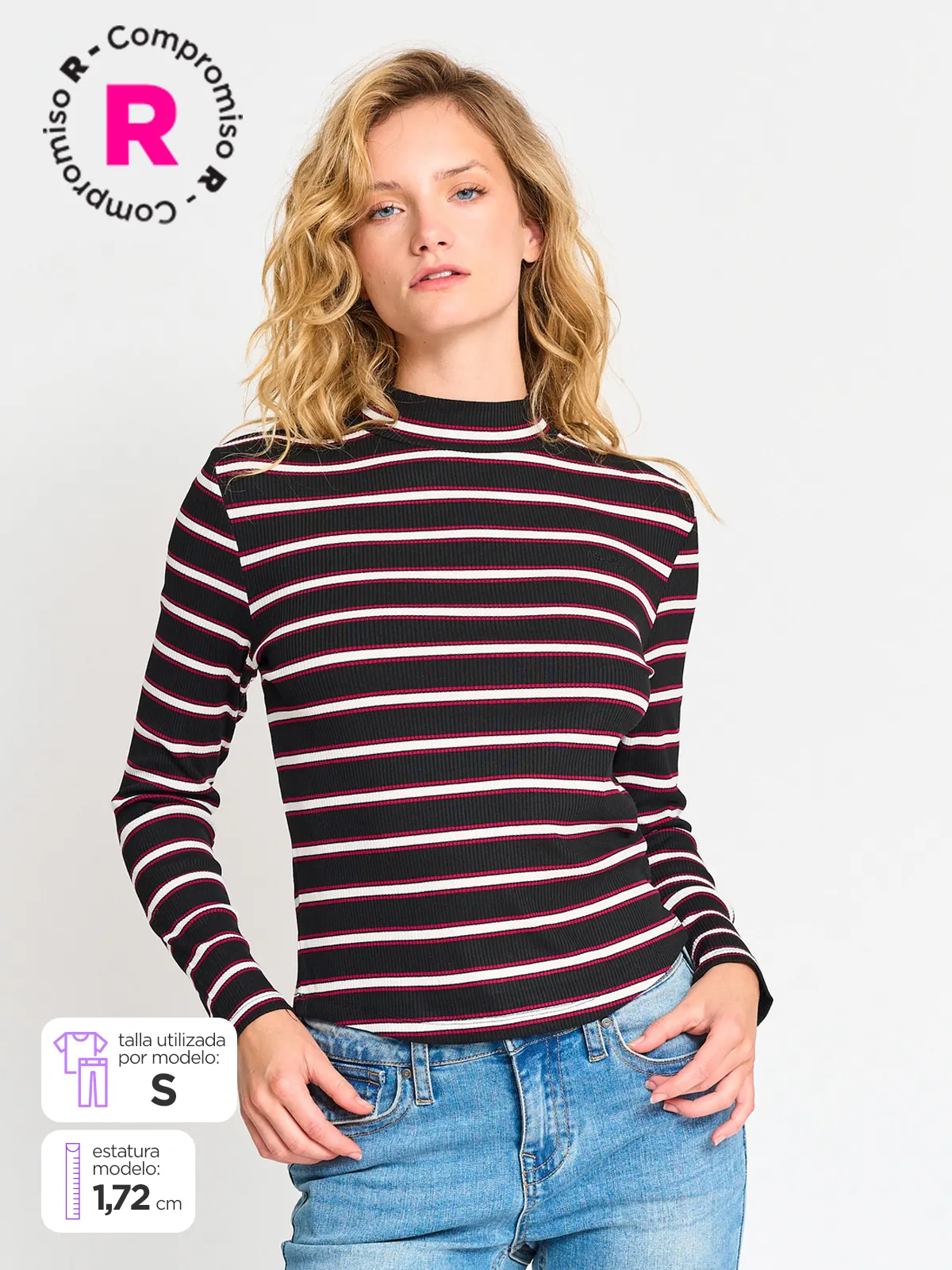 POLERA MANGA 3/4 MUJER PEPE JEANS CUELLO ALTO RAYADA - 1