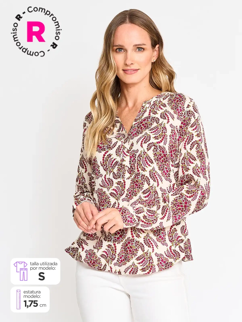 BLUSA MANGA LARGA MUJER AZIZ ESTAMPADA CUELLO MAO - 1