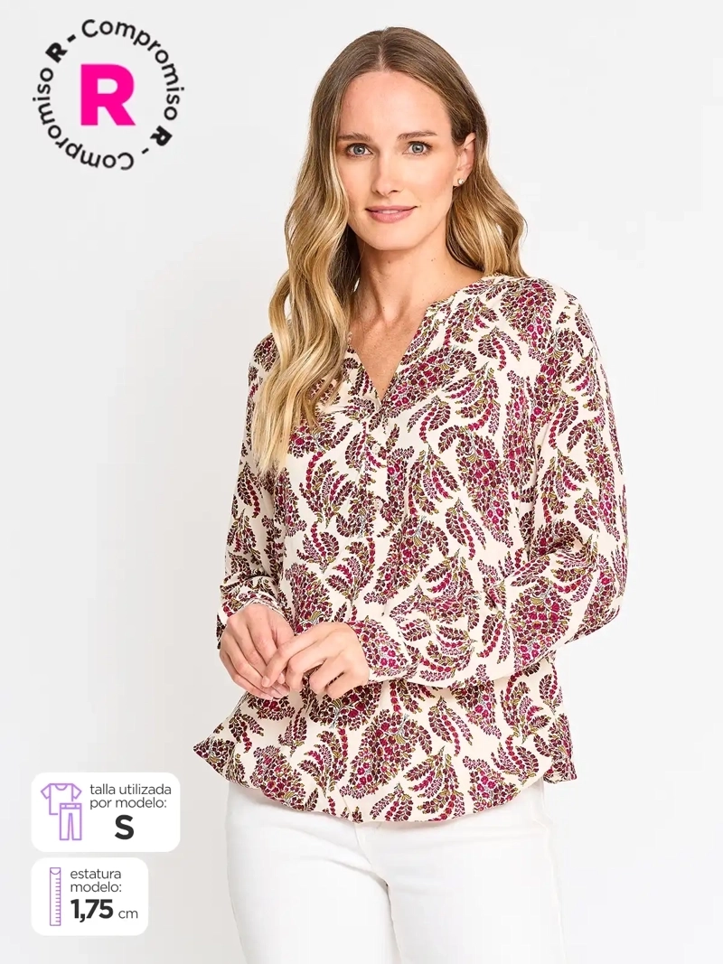 BLUSA MANGA LARGA MUJER AZIZ ESTAMPADA CUELLO MAO - 1