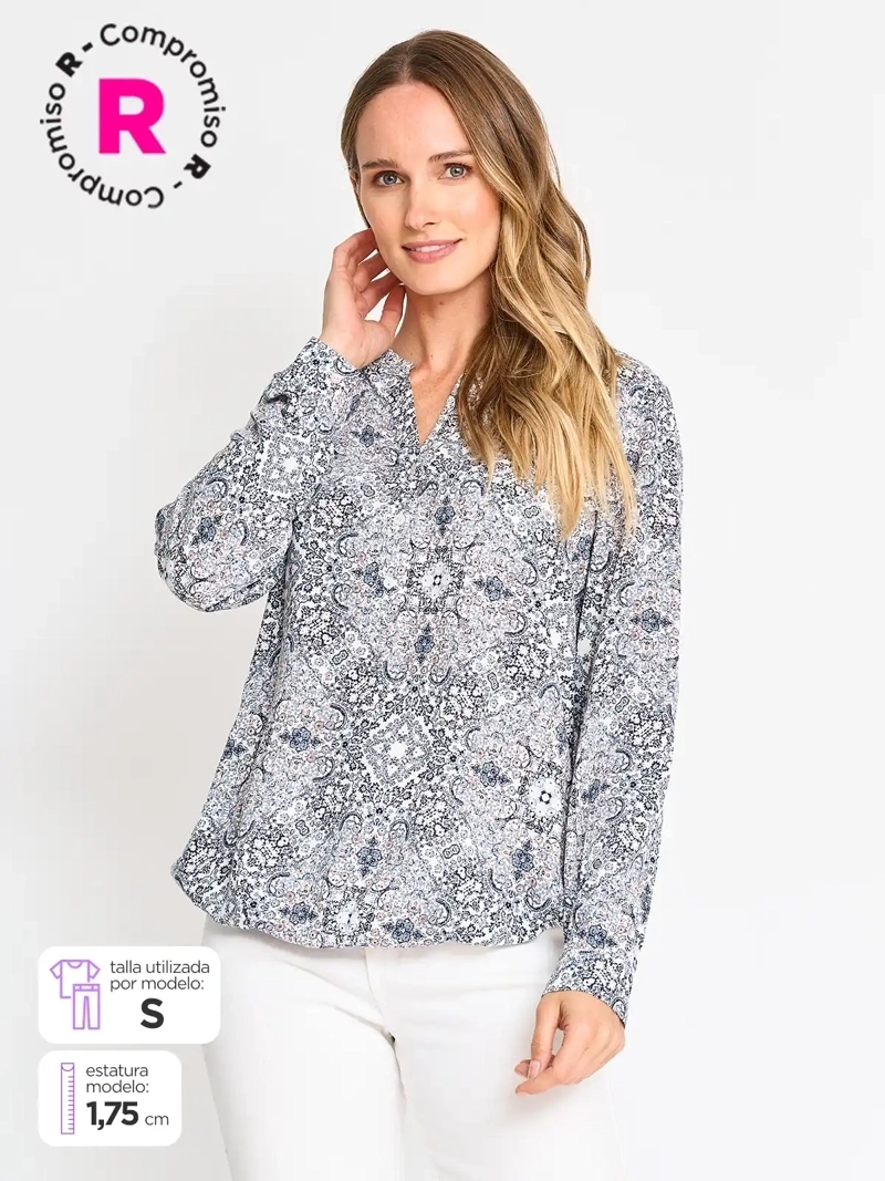 BLUSA MANGA LARGA MUJER AZIZ ESTAMPADA CUELLO MAO