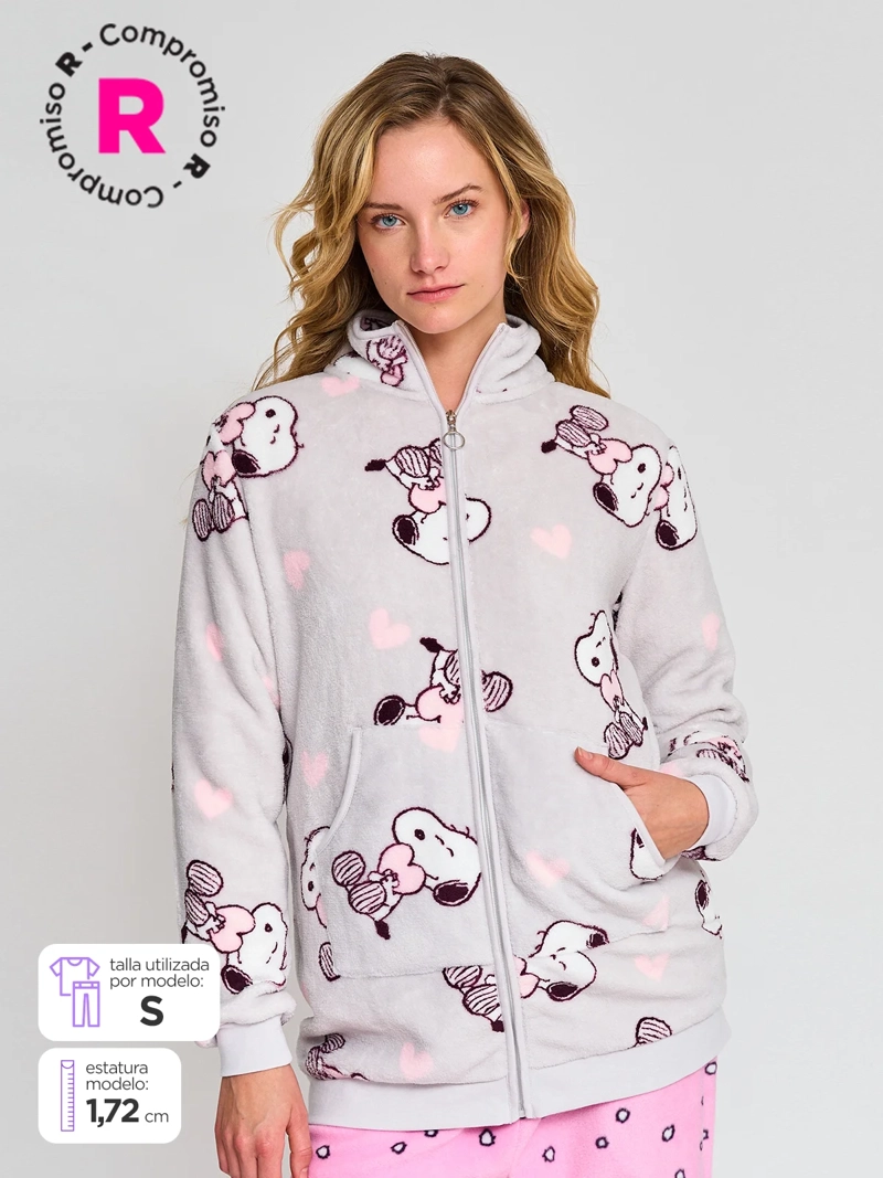 BATA MANGA LARGA MUJER SNOOPY GRIS CLARO CON CIERRE ZIP POLAR - 1