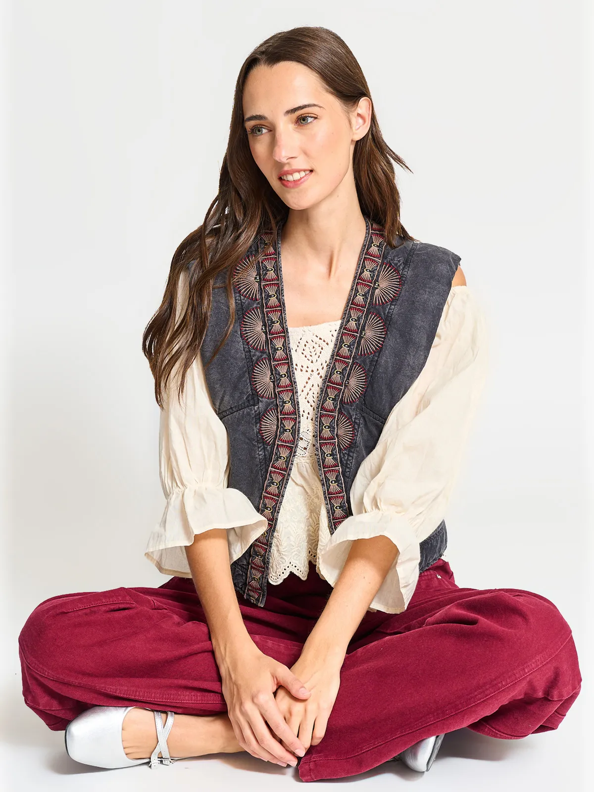 CHAQUETA SIN MANGAS ALGODÓN MUJER INDEX GRIS BORDADA - 4