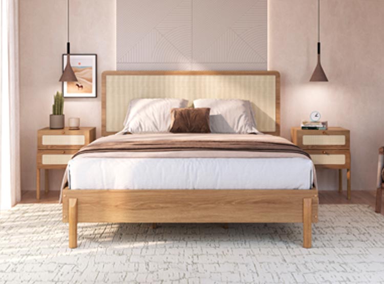 CAMA EUROPEA DECOCASA BALI 2 PLAZAS + RESPALDO + 2 VELADORES + CÓMODA NATURAL - 1