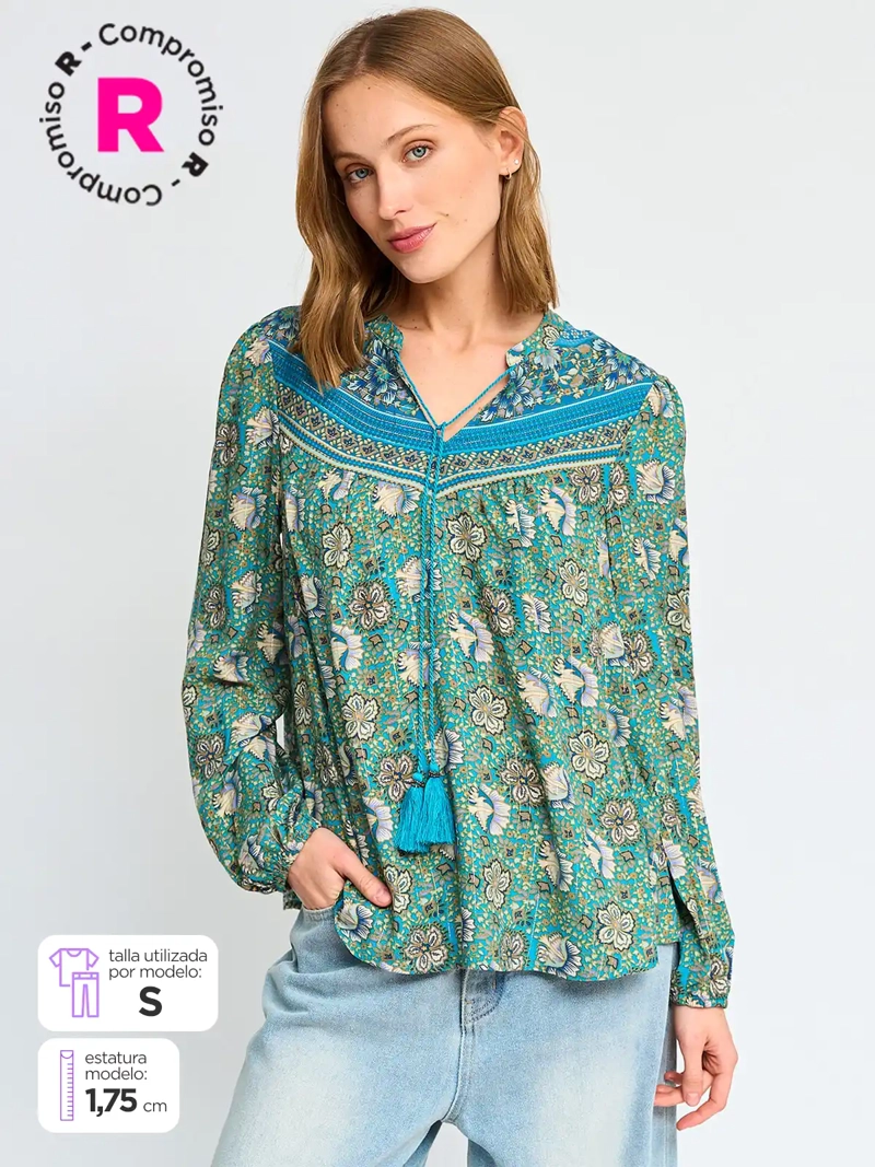 BLUSA MANGA LARGA MUJER TATIENNE CUELLO MAO ESTAMPADA - 1