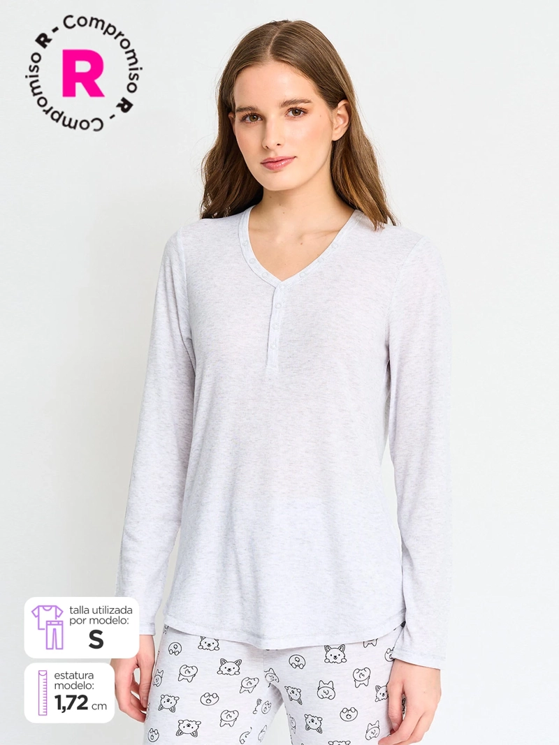 POLERA DE PIJAMA MANGA LARGA MUJER BOTONES - 1