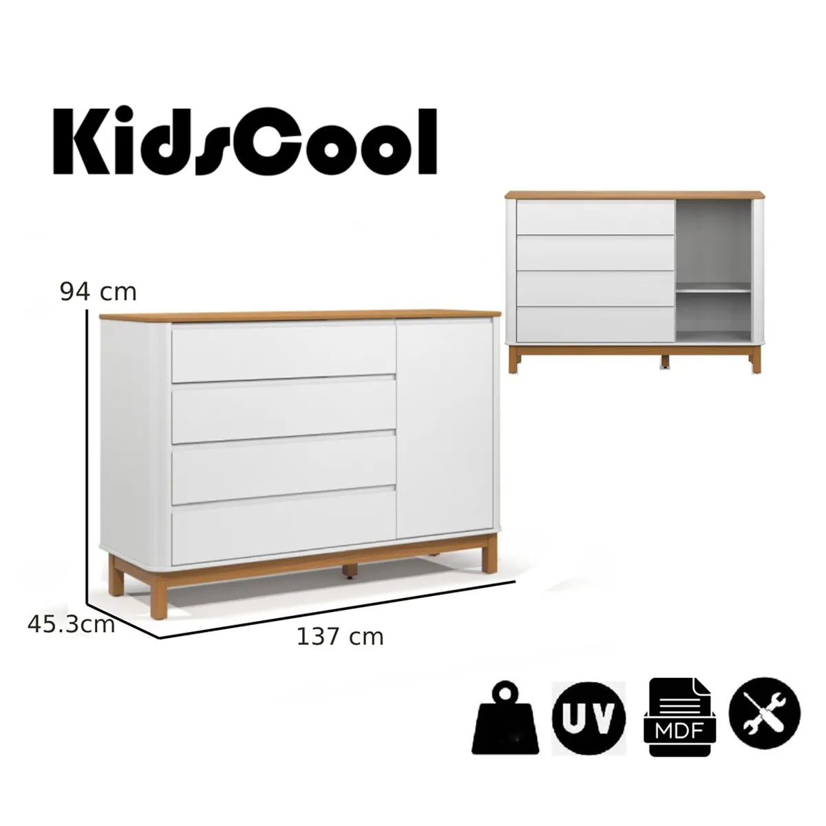 CÓMODA KIDSCOOL FLOW ECO WOOD BLANCO MDF 1 PUERTA 4 CAJONES - 5