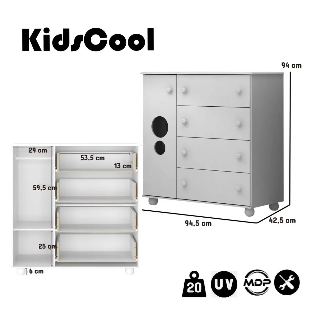 CÓMODA KIDSCOOL TOP BLANCO 1 PUERTA 4 CAJONES - 5