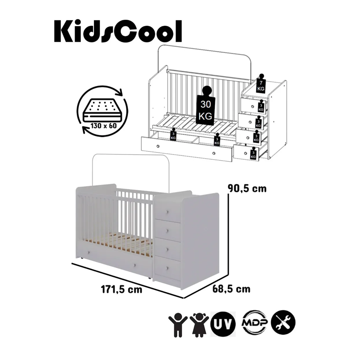CUNA KIDSCOOL BLANCO TOP BABY + CÓMODA + CAJONERA - 6