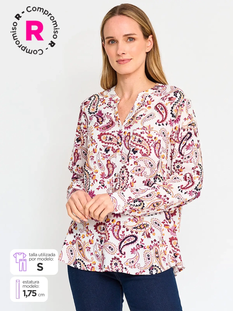 BLUSA MANGA LARGA MUJER AZIZ CUELLO MAO ESTAMPADA