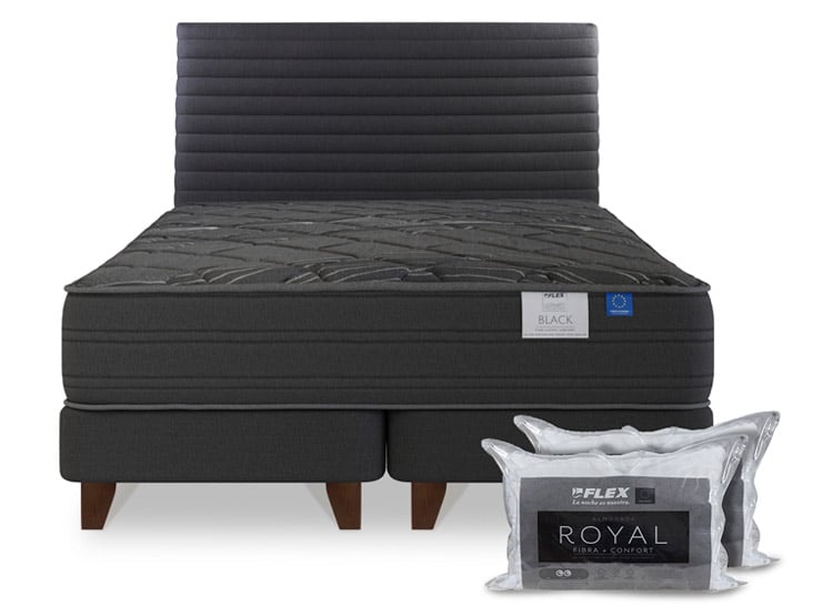 CAMA EUROPEA FLEX BLACK 2 PLAZAS B/D + RESPALDO MODERN GRAFITO + 2 ALMOHADAS ROYAL - 1