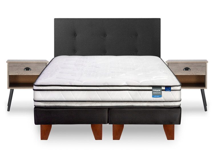 CAMA EUROPEA FLEX INNOVA 2 PLAZAS B/D + RESPALDO ROYAL NEGRO + 2 VELADORES ROCK - 1