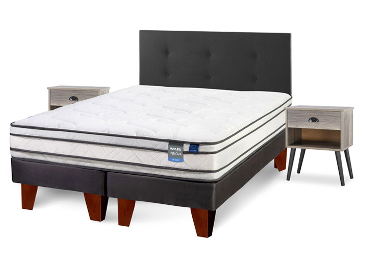 CAMA EUROPEA FLEX INNOVA 2 PLAZAS B/D + RESPALDO ROYAL NEGRO + 2 VELADORES ROCK - 2