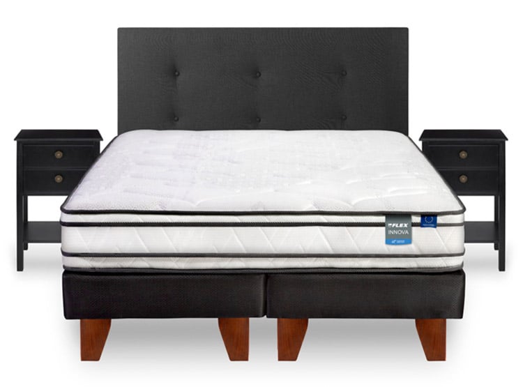 CAMA EUROPEA FLEX INNOVA 2 PLAZAS B/D + RESPALDO ROYAL NEGRO + 2 VELADORES ROVER - 1