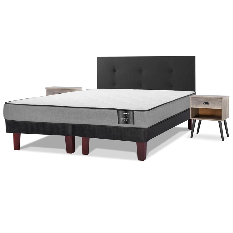 CAMA EUROPEA FLEX STAR 2 PLAZAS B/D + RESPALDO ROYAL + 2 VELADORES ROCK - 2