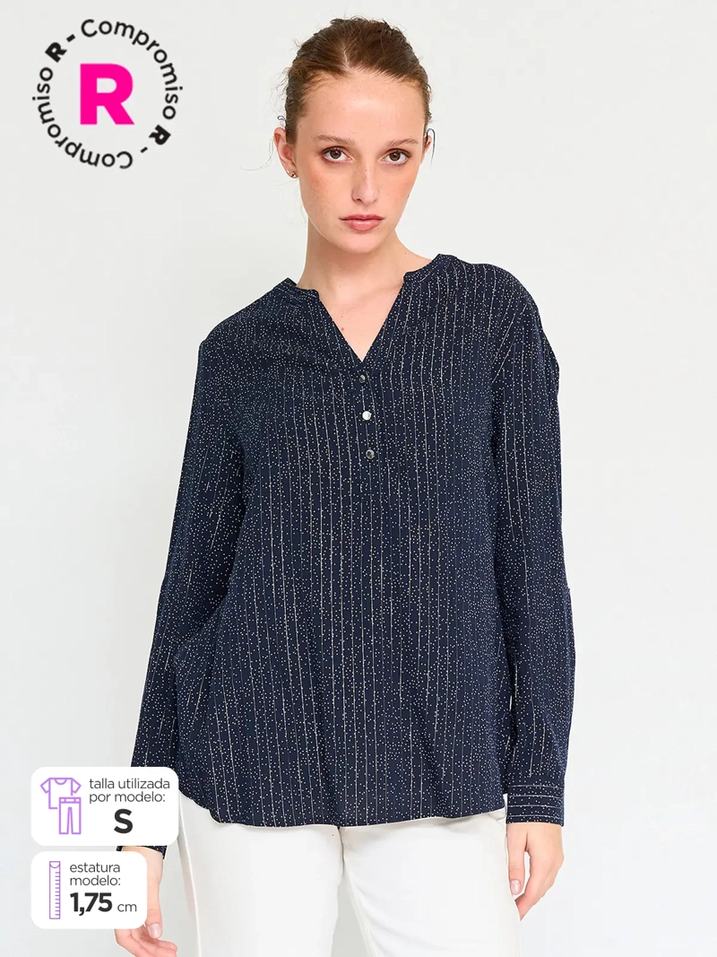 BLUSA MUJER CACHAREL MANGA LARGA CUELLO MAO ESTAMPADA - 1