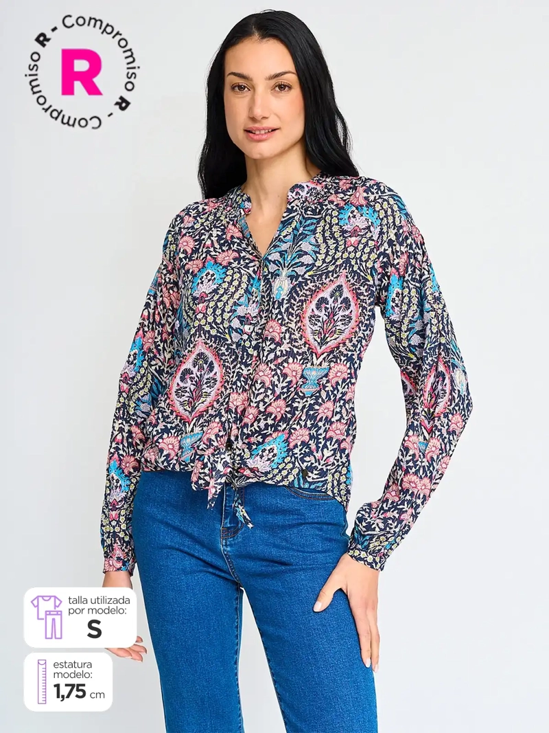 BLUSA MUJER TATIENNE MANGA LARGA ESTAMPADA LAZO CINTURA - 1