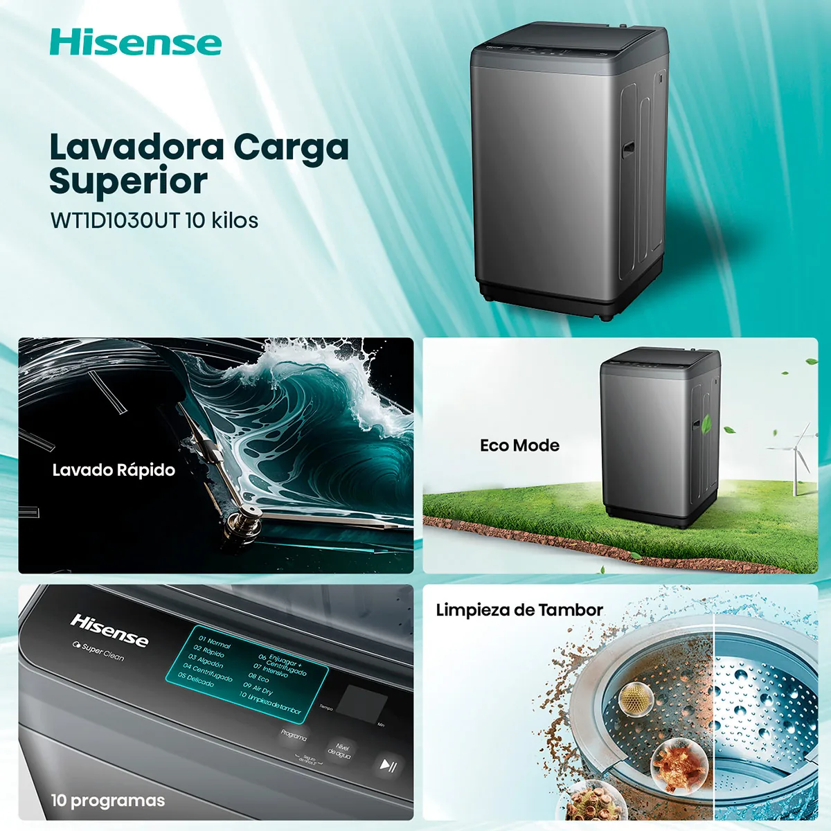 LAVADORA CARGA SUPERIOR HISENSE WT1D1030UT 10KG GRAFITO - 4