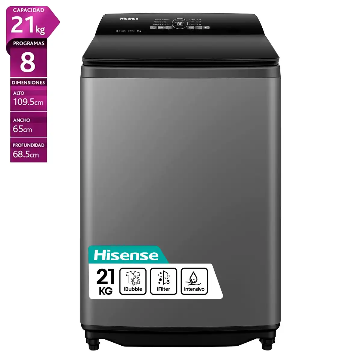 LAVADORA CARGA SUPERIOR HISENSE WT3I2123UT 21KG GRIS - 1