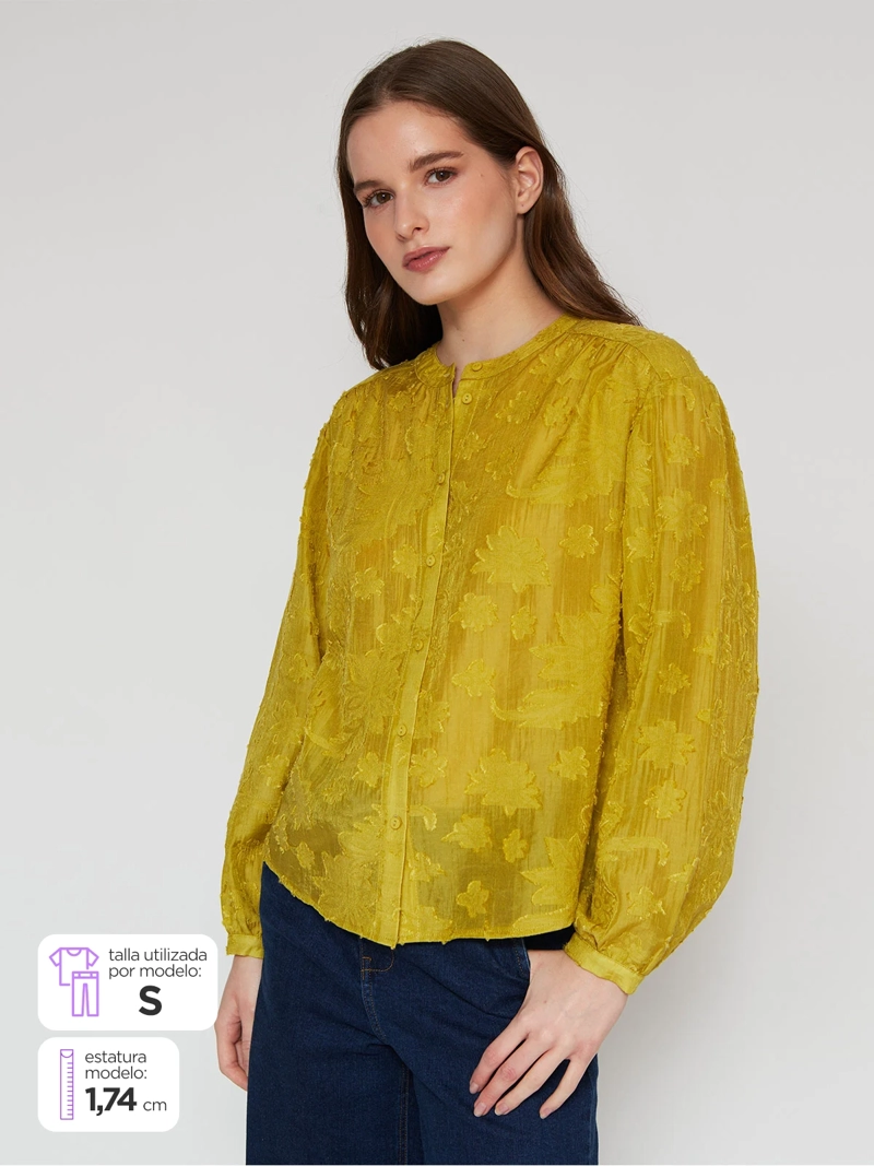 BLUSA MANGA LARGA MUJER CACHAREL VERDE CLARO CUELLO MAO - 1